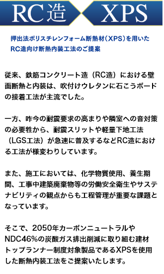 押出法ポリスチレンフォーム断熱材（XPS）を用いたRC造向け断熱内装工法のご提案